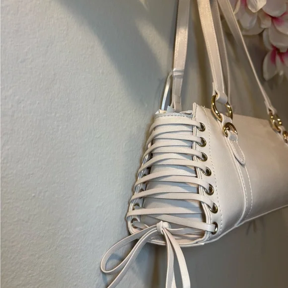 Cream Shoulder Bag with Lace-Up Side Detail - Picture 3 of 13